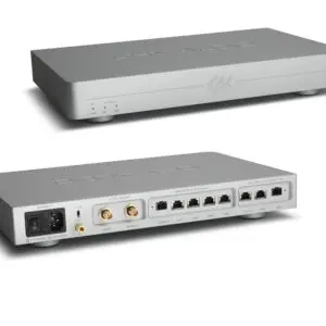 AS8 Pro plus silver audiophile network switch showing front and back of unit in silver