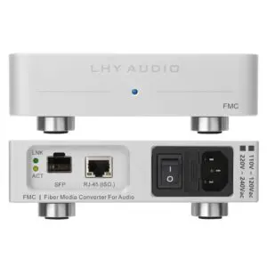 LHY Audio FMC fibre media converter, silver, front and rear panel with Ethernet and SFP port