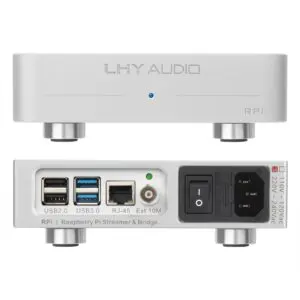 LHY Audio RPI network streamer and bridge, silver, front view and rear panel with Ethernet, USB, and digital outputs
