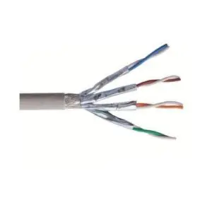 Telegärtner Cat7 shielded Ethernet cable showing grey LSZH outer jacket with individually shielded twisted pairs for high-performance audio and network installations