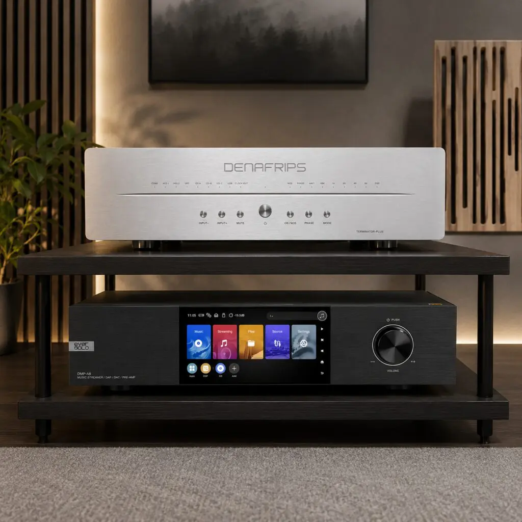 Modern high-end hi-fi setup featuring a silver Denafrips Terminator Plus DAC placed above a black Eversolo DMP-A8 music streamer on a black audio rack in a softly lit listening room with acoustic panels and minimalist décor.