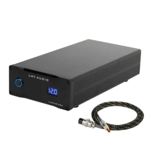 Front view of LHY Audio LPS-50 Pro 50W ultra-low noise linear power supply with DC output cable for audiophile audio systems.
