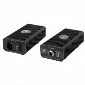 Front and rear view of Silent DC low-noise DC power supply with active noise cancellation for audiophile audio systems.