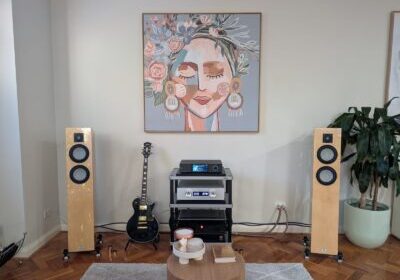 Home audio setup with artwork
